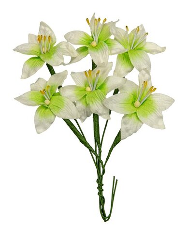 Scrapberry&#039;s Handmade mulberry Lily, dia ~3cm, stem 7cm, 6 pcs, WHITE-GREEN