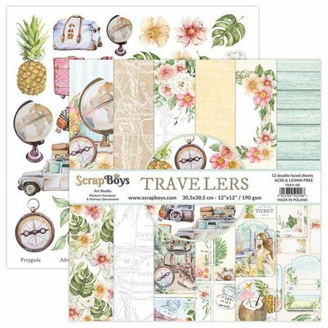 ScrapBoys Travelers paperset 12 vl+cut out elements-DZ TRAV-08 190gr 30,5cmx30,5cm