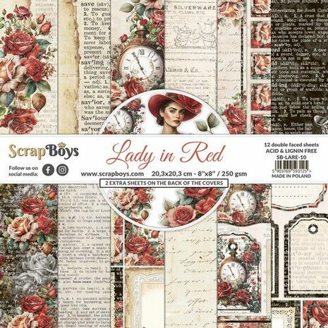 ScrapBoys Lady in Red paperpad 12 vl+cut out elements-DZ LARE-10 250gr 20,3x20,3cm