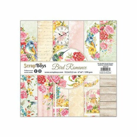 ScrapBoys Bird Romance paperpad 24 vl+cut out elements-DZ BIRO-09 190gr 15,2cmx15,2cm