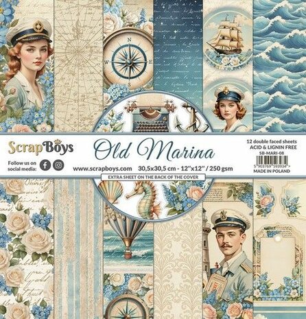 ScrapBoys Old Marina paperset 12 vl+cut out elements-DZ SB-MARI-08 30,5x30,5 cm