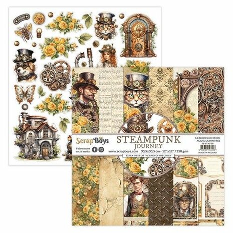 ScrapBoys Steampunk Journey paperset 12 vl+cut out elements-DZ STJO-08 250gr 30,5cmx30,5cm